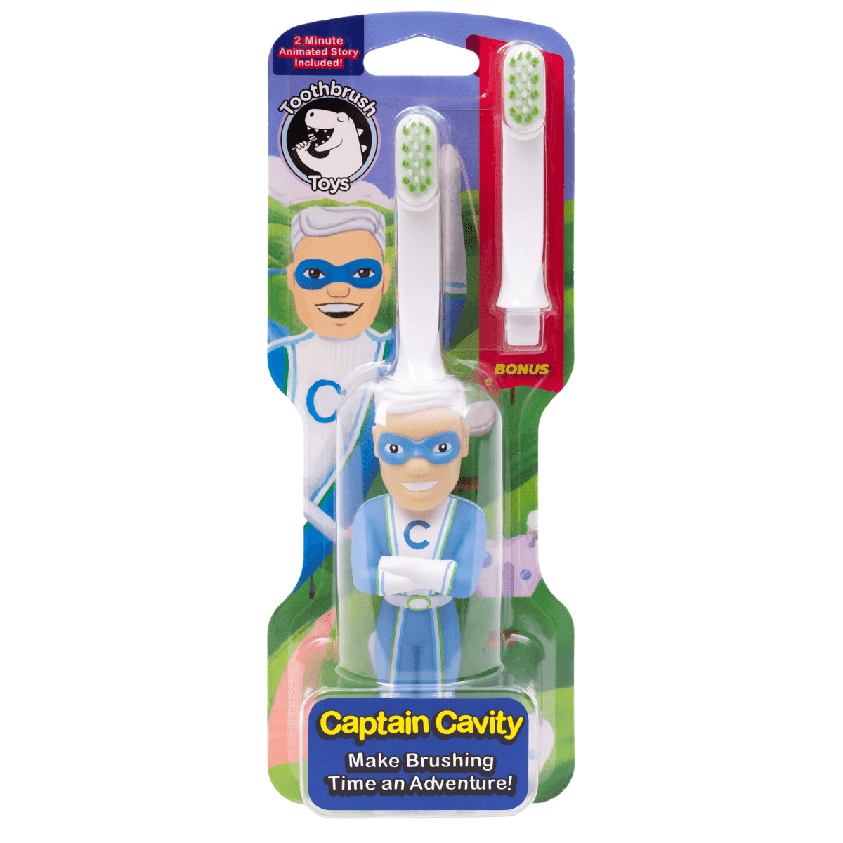 Captain Cavity toothbrush featuring a man in a blue outfit