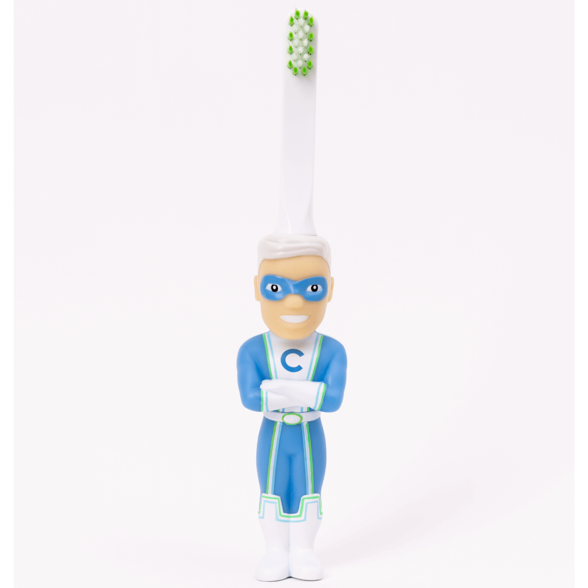 Blue-costumed man depicted on a Captain Cavity toothbrush