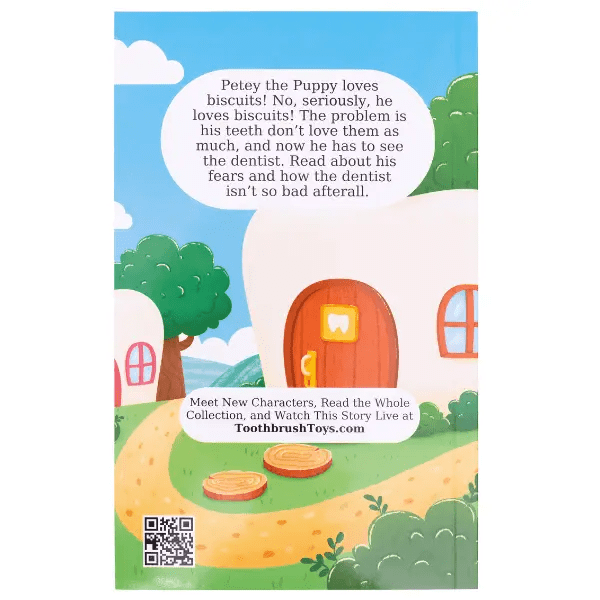 Illustration of a cartoon house and character from the 'Petey the Puppy Goes to the Dentist' storybook