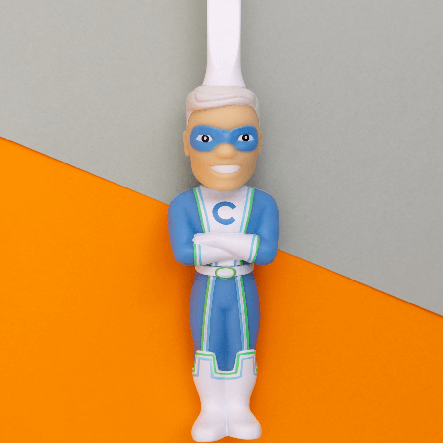 Toothbrush with a Captain Cavity superhero design