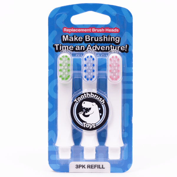 Multi color three-pack replacement toothbrushes in packaging