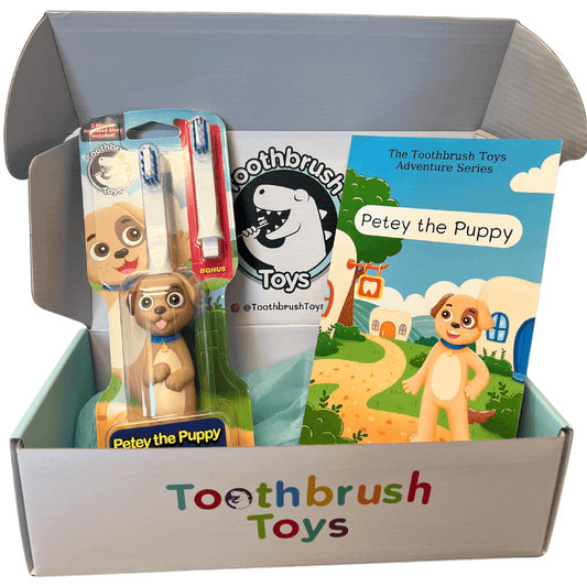 box with Petey the Puppy toothbrush and book