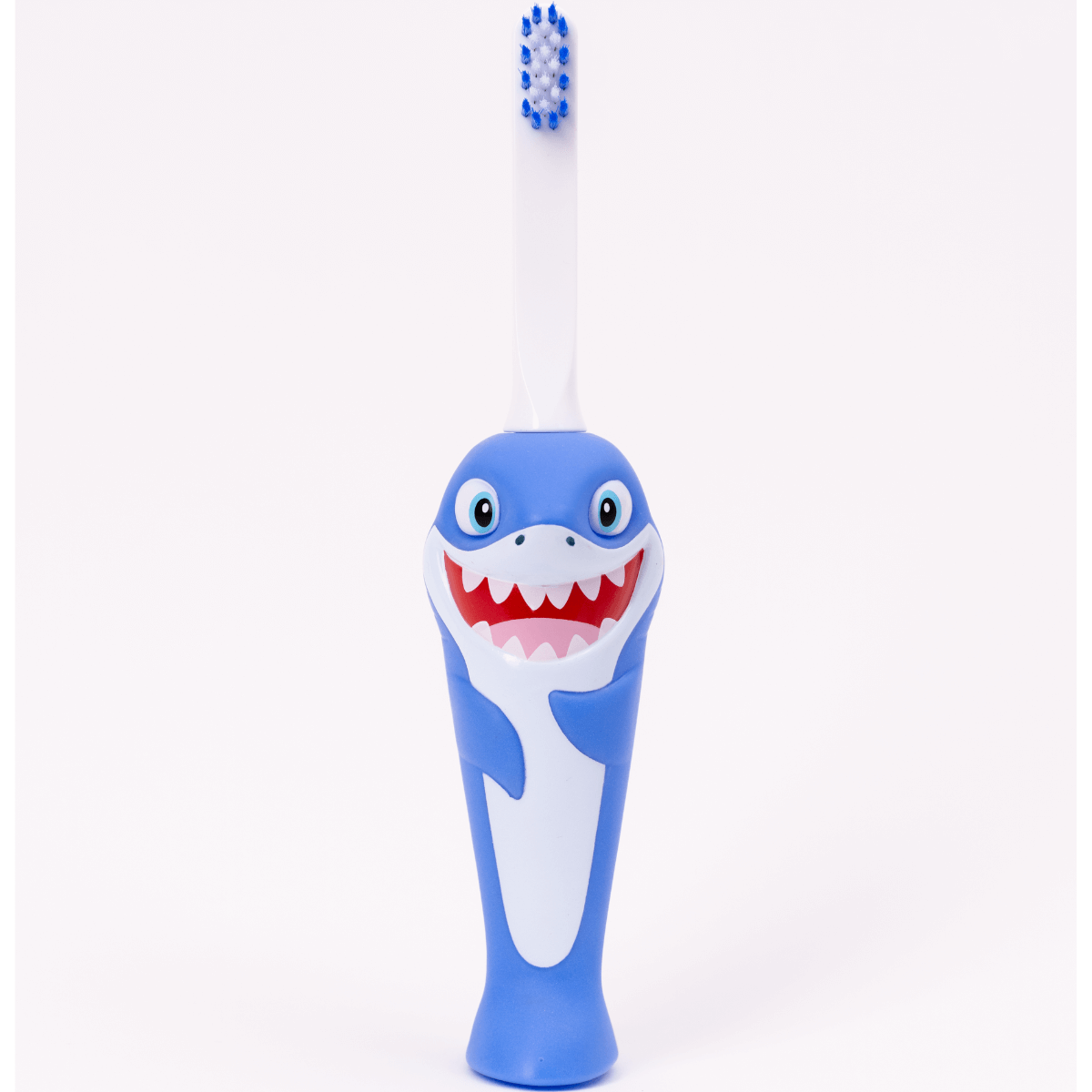 Detailed view of a blue Chompers the Shark toothbrush