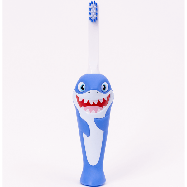 Detailed view of a blue Chompers the Shark toothbrush