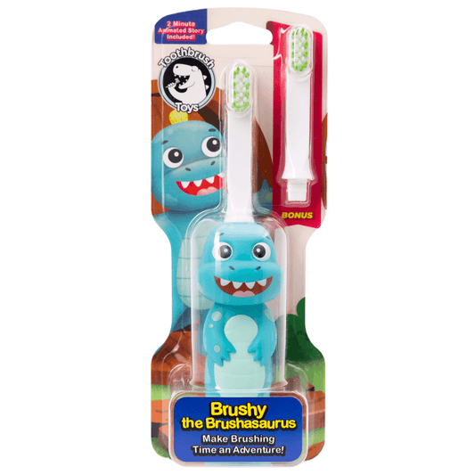A Brushy the Brushasaurus toothbrush featuring a dinosaur design