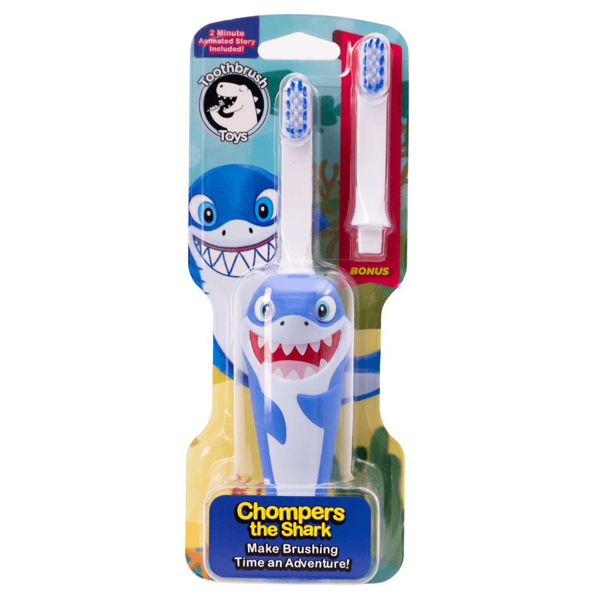 Chompers the Shark toothbrush in its original packaging