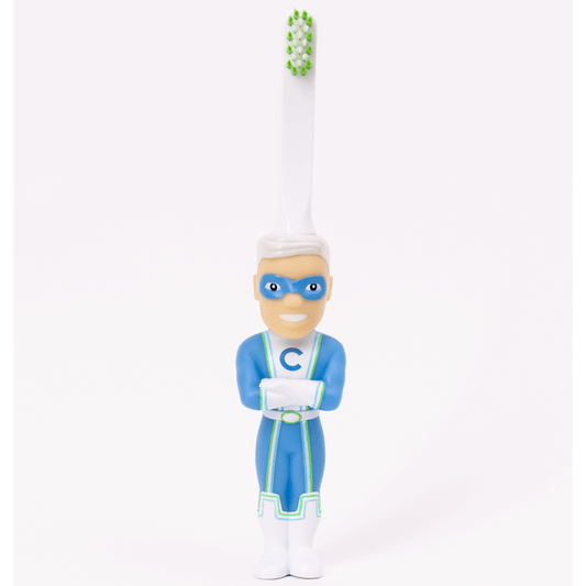 Blue-costumed man depicted on a Captain Cavity toothbrush