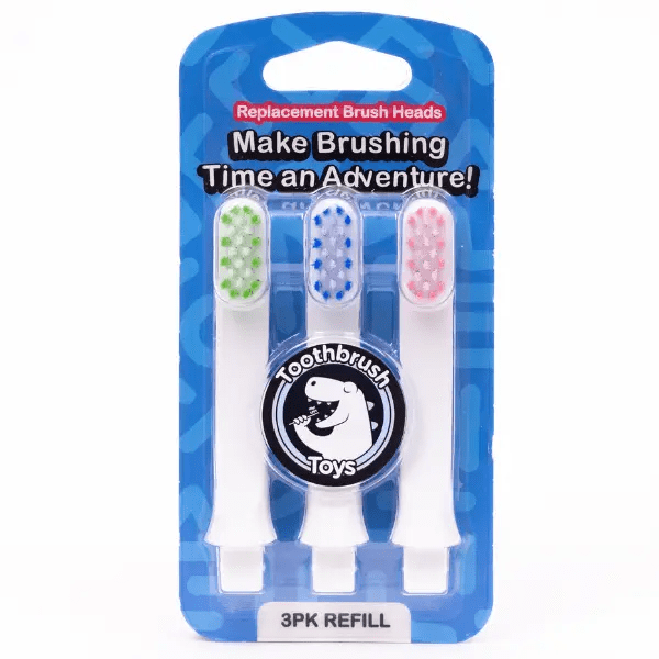 Multi color three-pack replacement toothbrushes in packaging