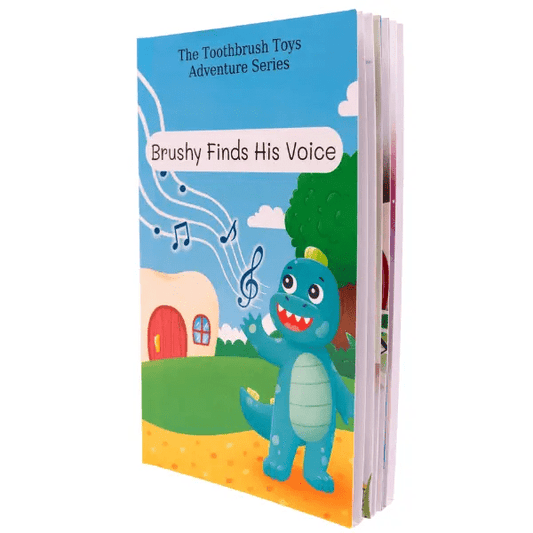Storybook titled "Brushy Finds His Voice" featuring a dinosaur and musical elements