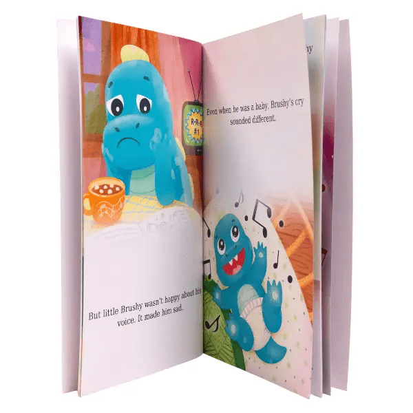 Children's book with a blue dinosaur character and musical theme titled 'Brushy Finds His Voice'