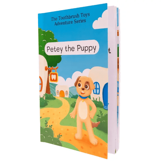 Storybook cover of 'Petey the Puppy Goes to the Dentist' from the Toothbrush Toys Adventure Series