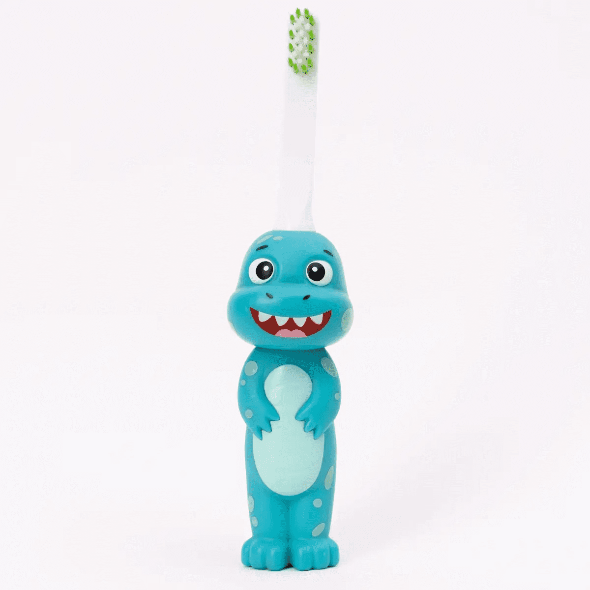 A blue Brushy the Brushasaurus toothbrush with a dinosaur