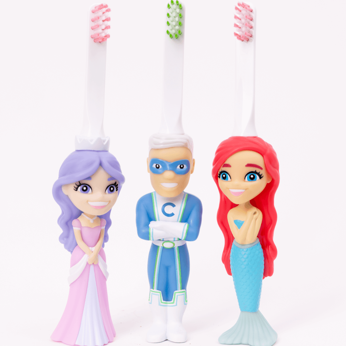 Collection of toothbrushes featuring Aqua the Mermaid, princess, and superhero designs