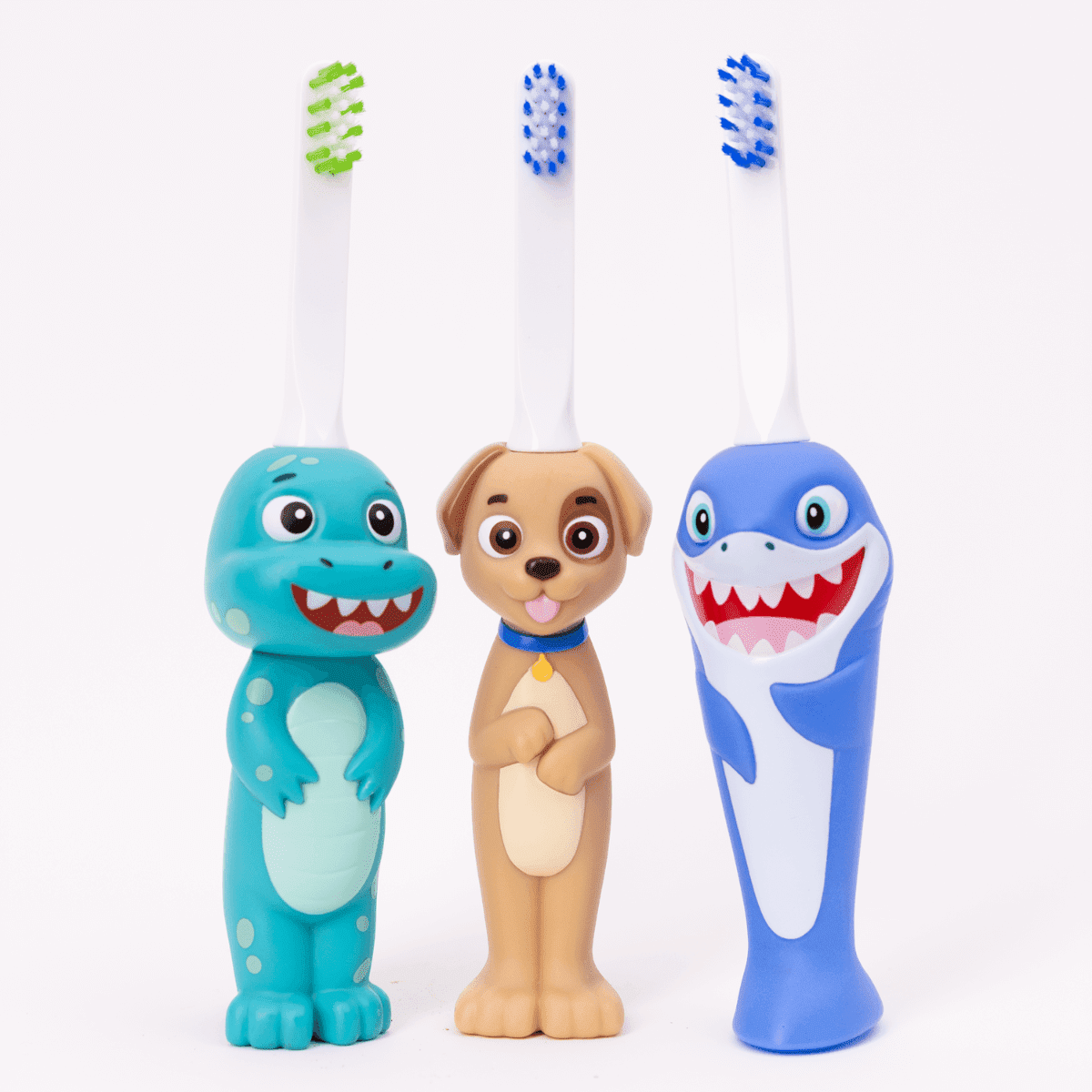 Trio of Brushy the Brushasaurus toothbrushes with fun character designs